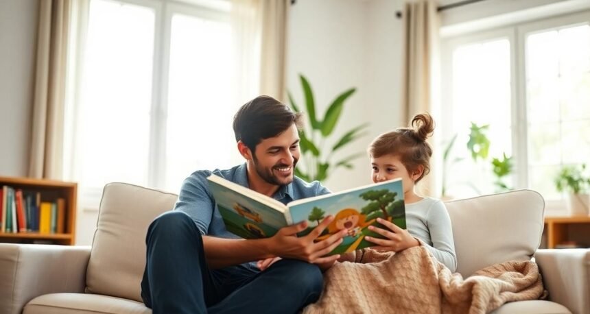 parent child reading sunny living room - Πώς θα γίνει το διάβασμα το αγαπημένο χόμπι του παιδιού