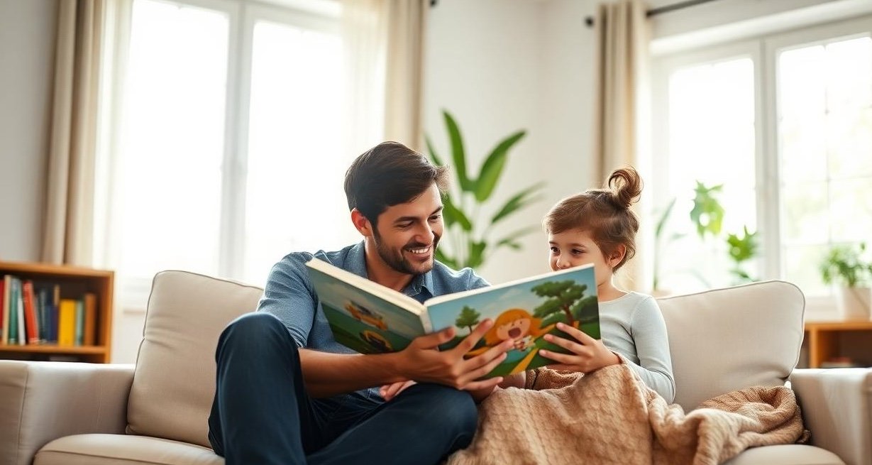 parent child reading sunny living room - Πώς θα γίνει το διάβασμα το αγαπημένο χόμπι του παιδιού