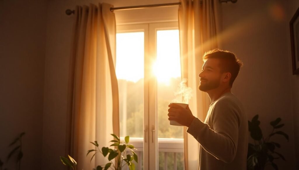 person opening curtains sunrise living room tea - 10 πρακτικοί τρόποι για να γίνεις πρωινός τύπος