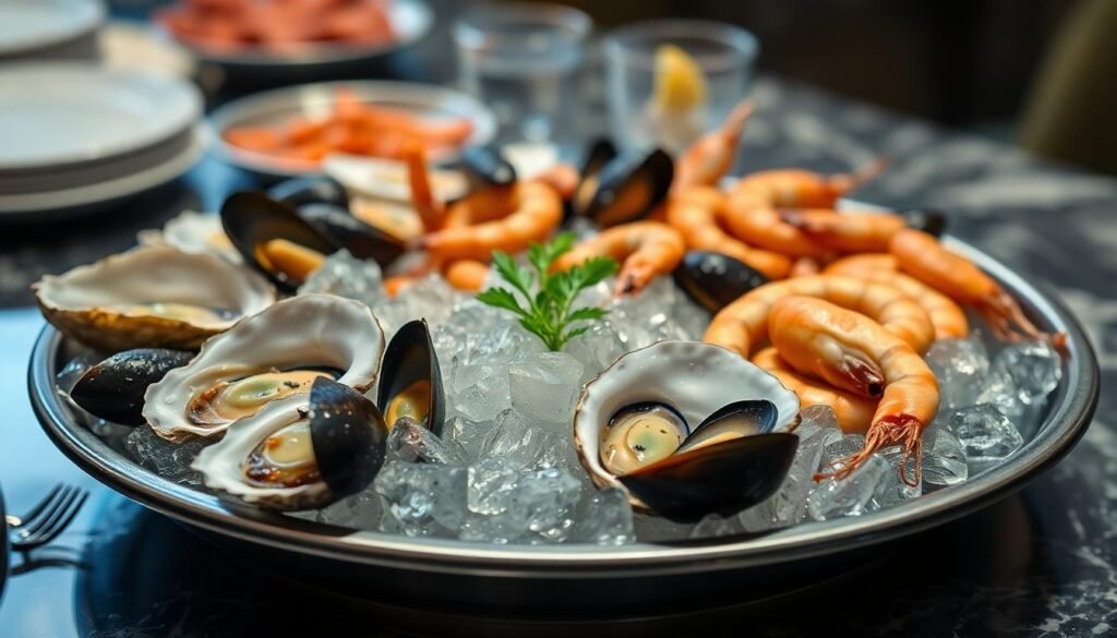 seafood platter oysters mussels shrimp ice - Δηλητηρίαση από τον μπουφέ του ξενοδοχείου: Ποιες τροφές να αποφεύγεις