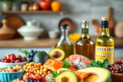 Διαφορετικές υπερτροφές που μειώνουν την κακή χοληστερίνη όπως βρώμη, ξηροί καρποί, αβοκάντο και λιπαρά ψάρια, σε ένα ξύλινο τραπέζι.