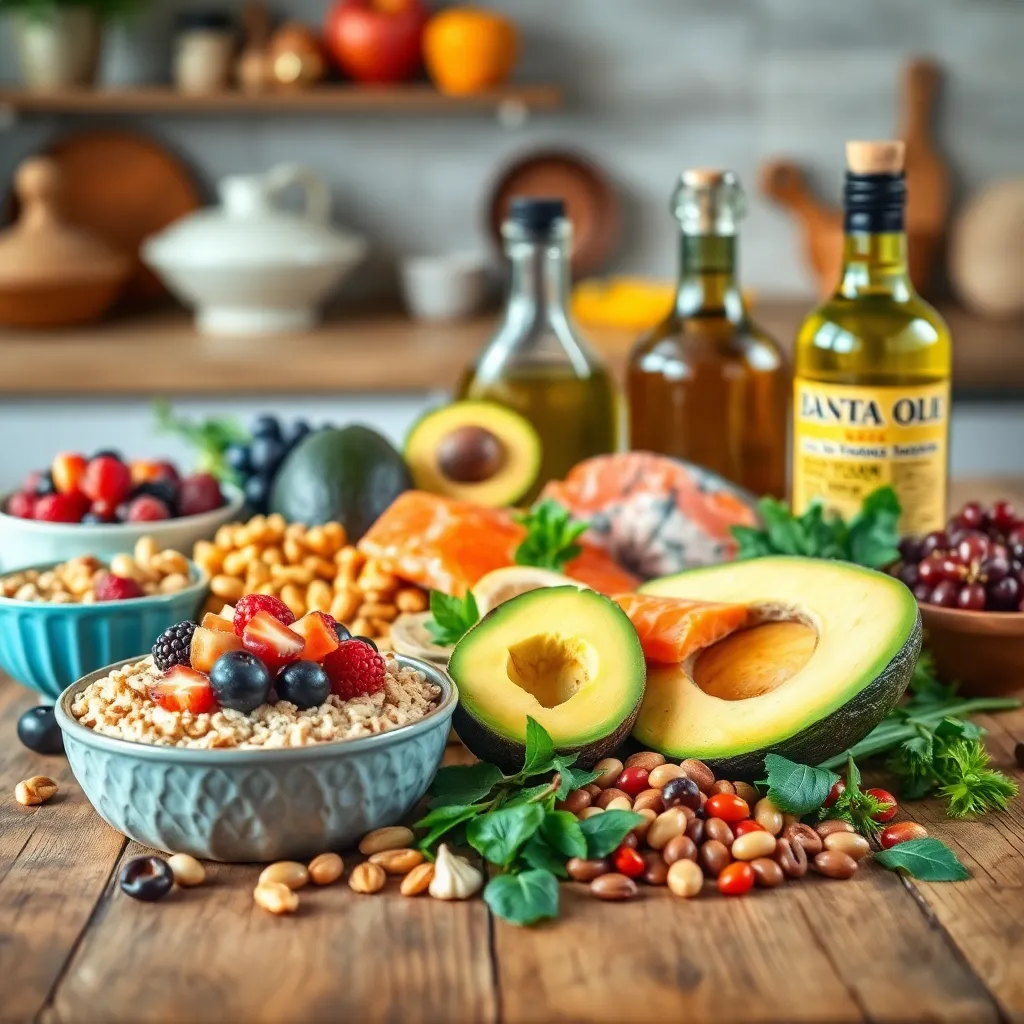 Διαφορετικές υπερτροφές που μειώνουν την κακή χοληστερίνη όπως βρώμη, ξηροί καρποί, αβοκάντο και λιπαρά ψάρια, σε ένα ξύλινο τραπέζι.