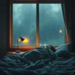 Ένα πρόσωπο που αγωνίζεται να σηκωθεί από το κρεβάτι σε μια βροχερή μέρα, με φόντο βροχή που πέφτει έξω από το παράθυρο.