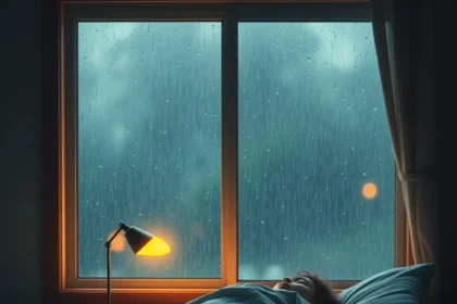 Ένα πρόσωπο που αγωνίζεται να σηκωθεί από το κρεβάτι σε μια βροχερή μέρα, με φόντο βροχή που πέφτει έξω από το παράθυρο.