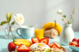 Υγιεινό πρωινό με βρώμη, φρούτα, γιαούρτι και ξηρούς καρπούς σε ένα φωτεινό και ευχάριστο περιβάλλον.