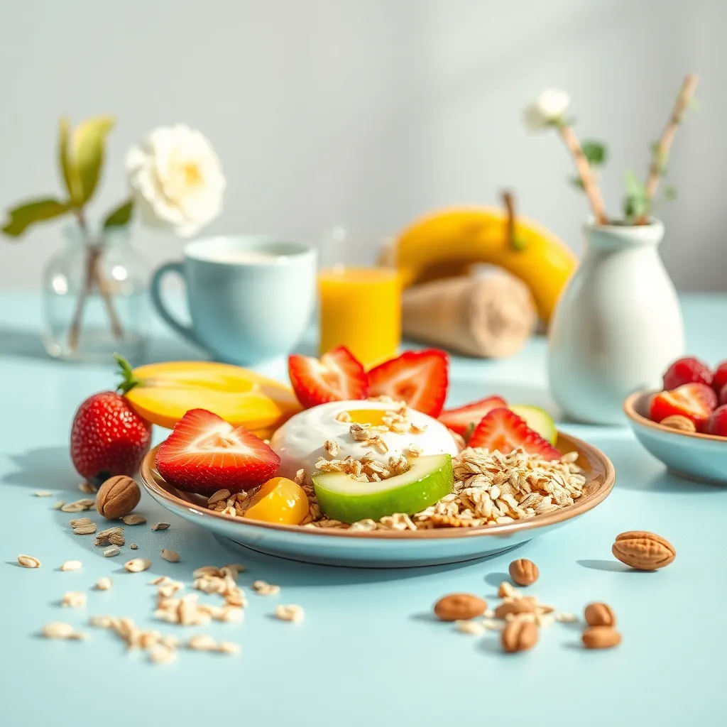 Υγιεινό πρωινό με βρώμη, φρούτα, γιαούρτι και ξηρούς καρπούς σε ένα φωτεινό και ευχάριστο περιβάλλον.