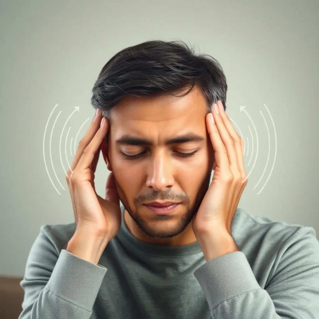 Εμβοές: Ο μυστηριώδης ήχος που σε ανησυχεί - Τι συμβαίνει πραγματικά 2 Ανθρώπινος χαρακτήρας που κρατά το κεφάλι του σε δυσφορία, με ηχητικά κύματα γύρω από τα αυτιά, συμβολίζοντας τις εμβοές.