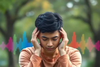 Πρόσωπο που κρατάει τα χέρια του πάνω από τα αυτιά σε σκηνικό ηρεμίας που αποτυπώνει τον αγώνα με τις εμβοές αυτιών.