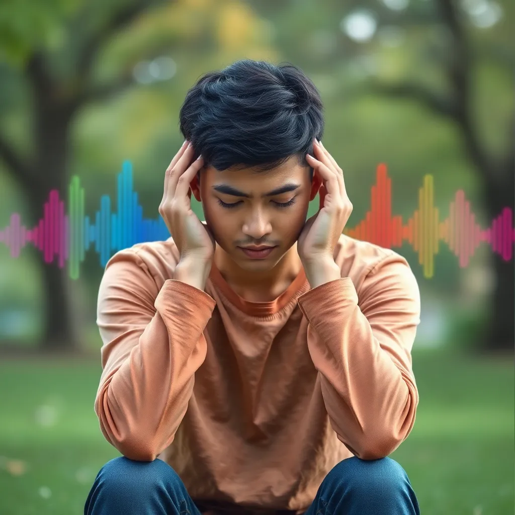 Πρόσωπο που κρατάει τα χέρια του πάνω από τα αυτιά σε σκηνικό ηρεμίας που αποτυπώνει τον αγώνα με τις εμβοές αυτιών.