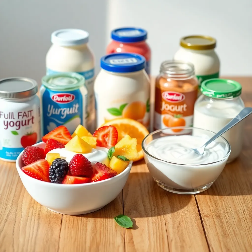 Γιατί το "άπαχο" γιαούρτι μπορεί να σαμποτάρει τη διατροφή σας 2 Διάφοροι τύποι γιαουρτιού σε ξύλινο τραπέζι, με φρέσκα φρούτα και τρόφιμα που προάγουν τη διατροφή.