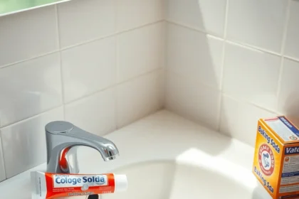 Καθαρός νιπτήρας μπάνιου με οδοντόκρεμα και μαγειρική σόδα για αφαίρεση γρατζουνιών.