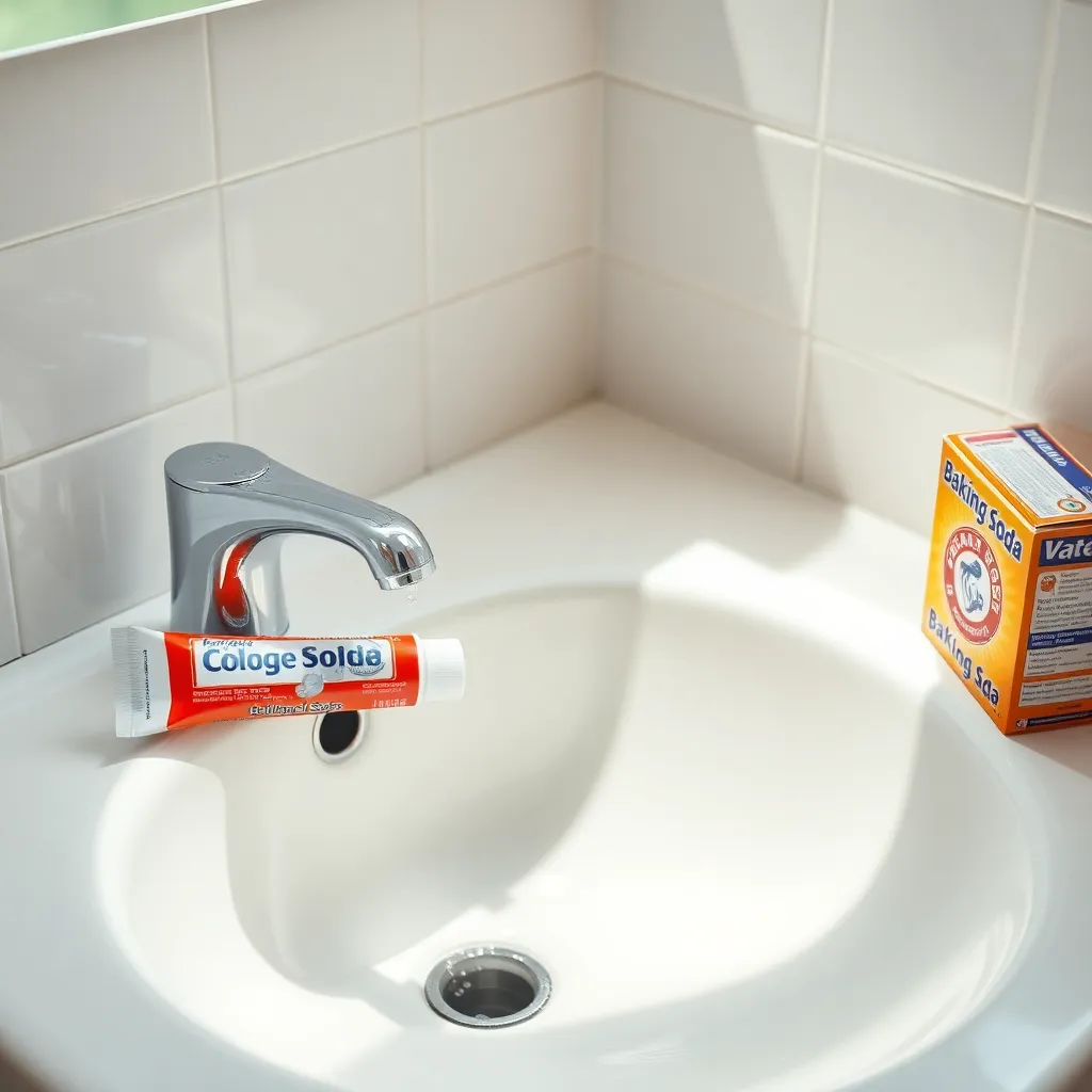 Καθαρός νιπτήρας μπάνιου με οδοντόκρεμα και μαγειρική σόδα για αφαίρεση γρατζουνιών.