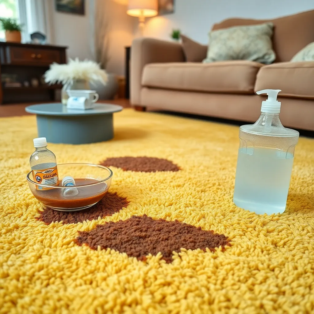 Καθάρισε τους επίμονους λεκέδες στο χαλί με 4 υλικά που έχεις σπίτι 3 Στον καναπέ ενός καθιστικού με χαλί που έχει λεκέδες από καφέ και λάσπη, και με υλικά καθαρισμού δίπλα.