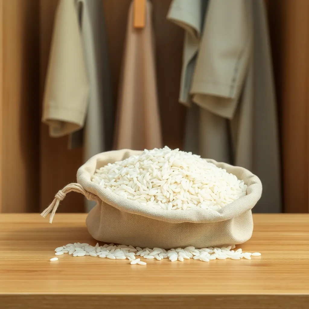 Κόκκοι ρυζιού σε πάνινο σακουλάκι μέσα σε ντουλάπα, απορροφώντας την υγρασία.