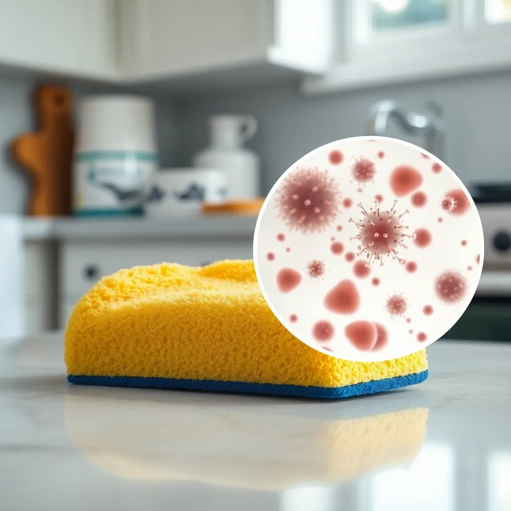 Ένα απλό κόλπο για να εμποδίσετε τα βακτήρια στο σφουγγάρι σας! 2 Ένα σφουγγάρι πιάτων που μπορεί να φιλοξενεί βακτήρια στην κουζίνα.