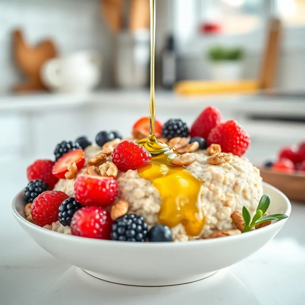 Η βρώμη και τα φρούτα σε ένα μπολ, που συμβολίζουν την καταπολέμηση της κακής χοληστερίνης.