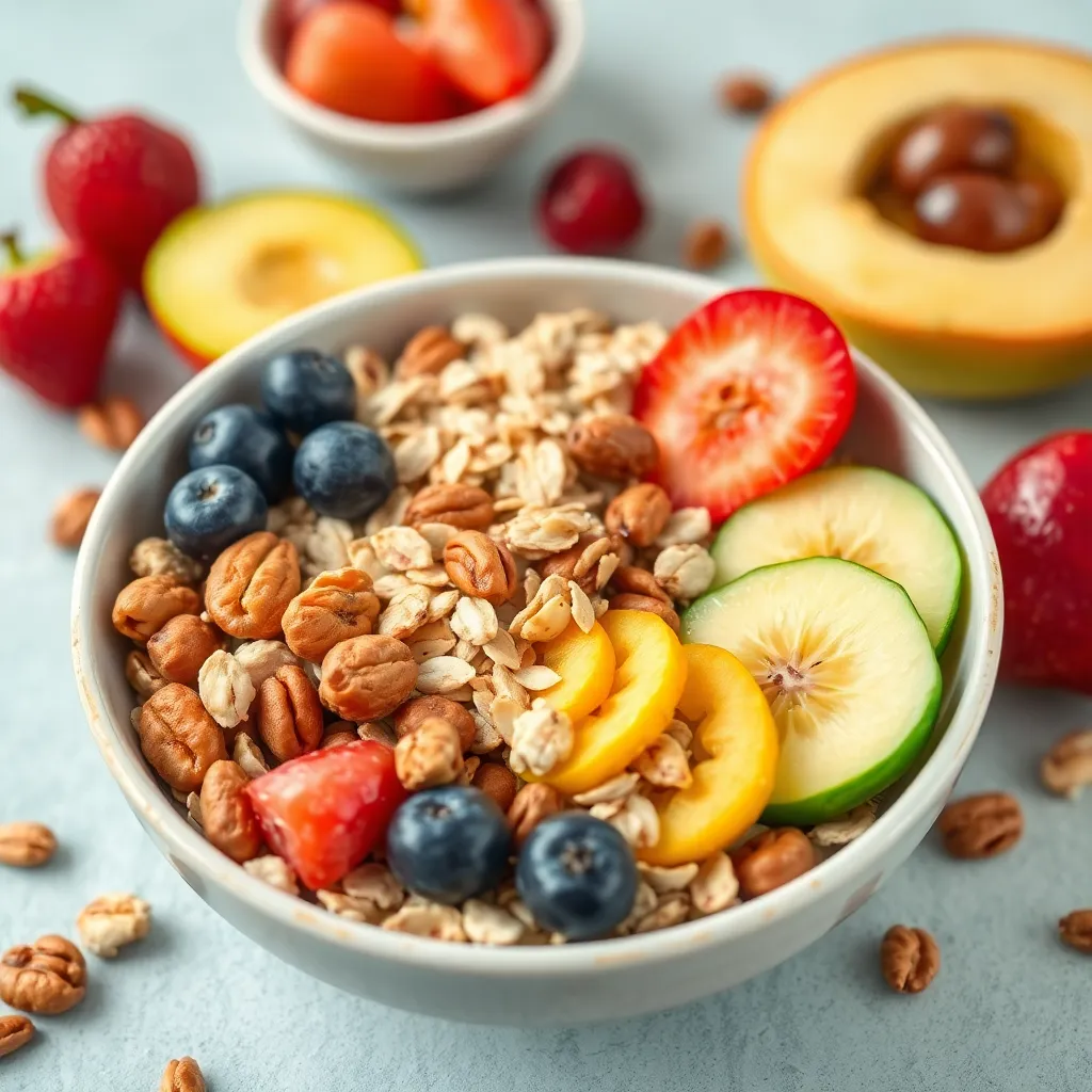 Μια υγιεινή διατροφή με βρώμη, ξηρούς καρπούς και φρούτα που βοηθούν στη μείωση της κακής χοληστερίνης.