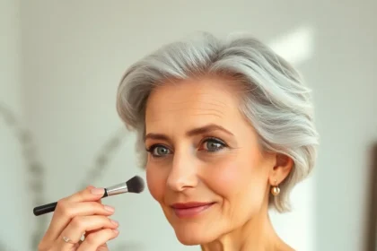 Μία γυναίκα άνω των 40 εφαρμόζει φυσικό μακιγιάζ προσώπου με αυτοπεποίθηση.