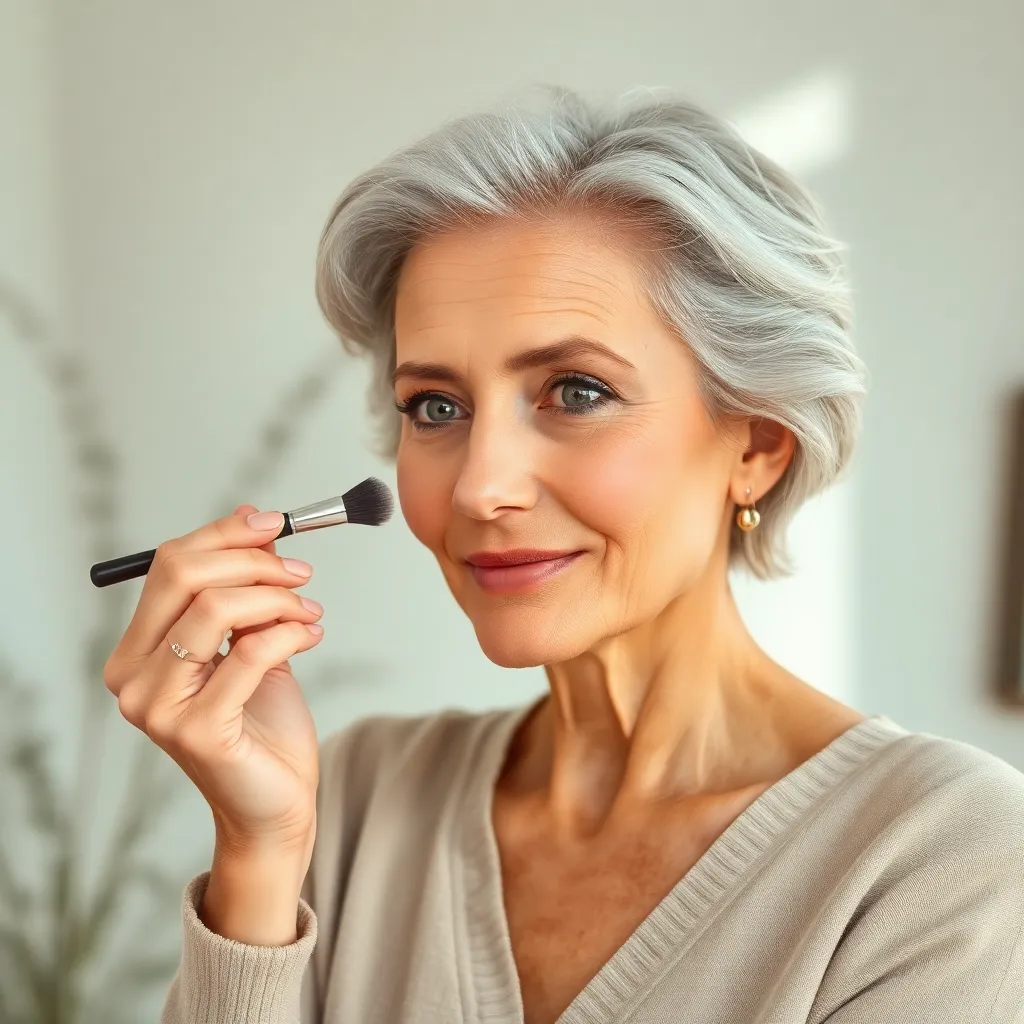 Μία γυναίκα άνω των 40 εφαρμόζει φυσικό μακιγιάζ προσώπου με αυτοπεποίθηση.