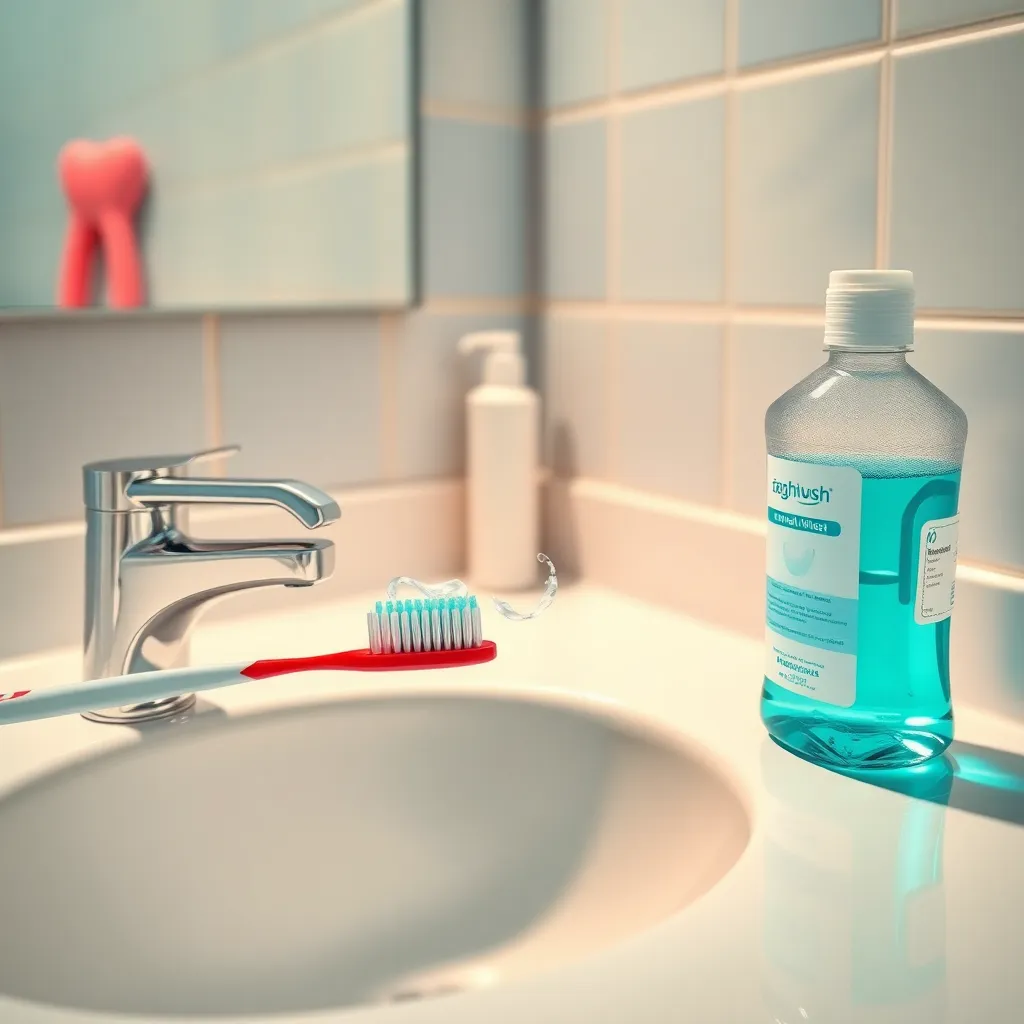 Ξεπλένεις με νερό μετά το βούρτσισμα; Δες γιατί δεν πρέπει ποτέ ξανά! 2 Μια φωτεινή σκηνή μπάνιου με οδοντόβουρτσα, οδοντόκρεμα και στοματικό διάλυμα, απεικονίζει την σημασία της σωστής στοματικής υγιεινής.