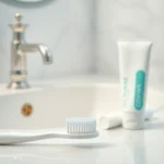 Εικόνα που αποτυπώνει τη σημασία της οδοντικής υγιεινής με οδοντόβουρτσα και οδοντόκρεμα σε φωτεινό μπάνιο.