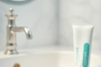 Εικόνα που αποτυπώνει τη σημασία της οδοντικής υγιεινής με οδοντόβουρτσα και οδοντόκρεμα σε φωτεινό μπάνιο.