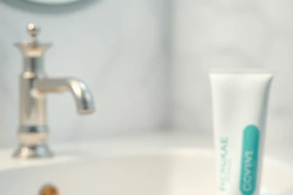 Εικόνα που αποτυπώνει τη σημασία της οδοντικής υγιεινής με οδοντόβουρτσα και οδοντόκρεμα σε φωτεινό μπάνιο.