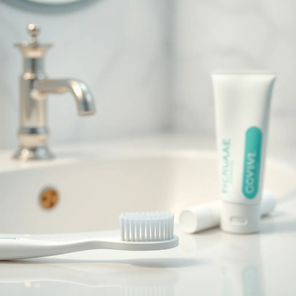 Εικόνα που αποτυπώνει τη σημασία της οδοντικής υγιεινής με οδοντόβουρτσα και οδοντόκρεμα σε φωτεινό μπάνιο.