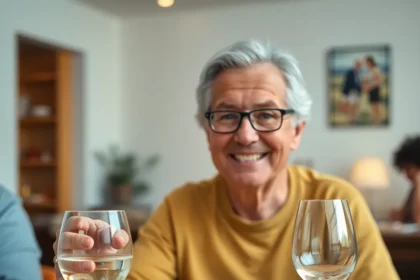 Φωτογραφία ενός μεσήλικα να κάθεται σε τραπέζι με ένα ποτήρι νερού και ένα άδειο ποτήρι κρασιού, συμβολίζοντας την αυξανόμενη αντίκτυπο του αλκοόλ με την ηλικία.