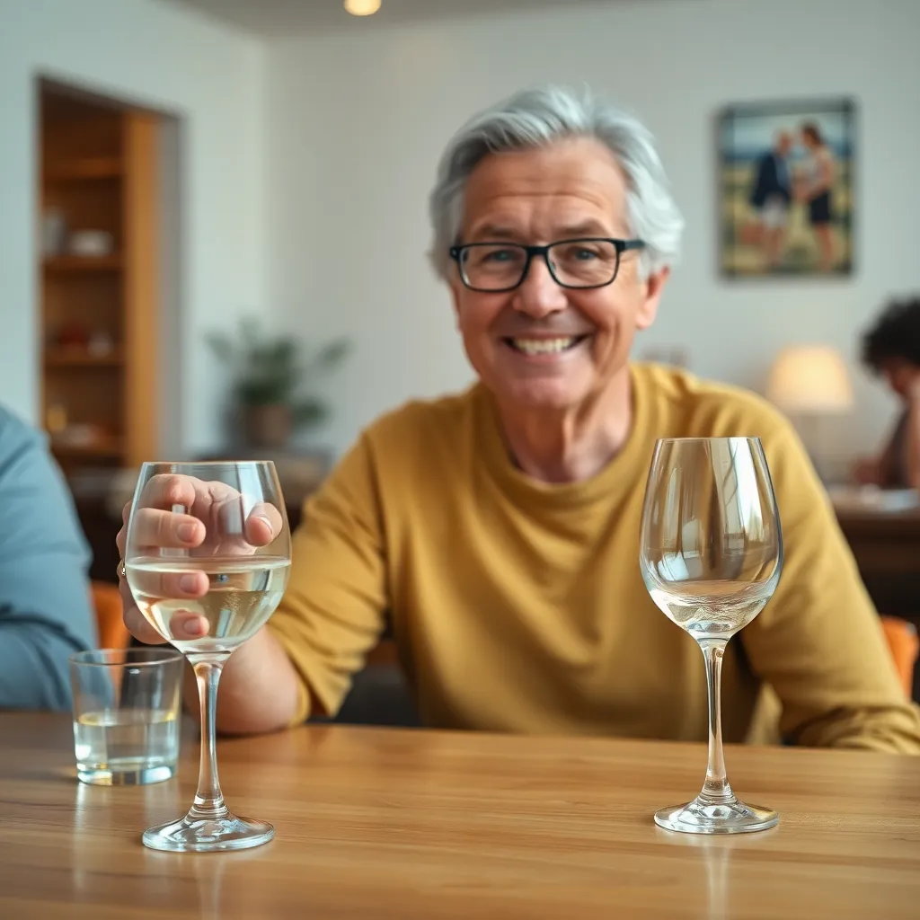 Φωτογραφία ενός μεσήλικα να κάθεται σε τραπέζι με ένα ποτήρι νερού και ένα άδειο ποτήρι κρασιού, συμβολίζοντας την αυξανόμενη αντίκτυπο του αλκοόλ με την ηλικία.