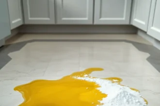 Κουζίνα με λάδι στο πάτωμα και σόδα που εφαρμόζεται για καθαρισμό.