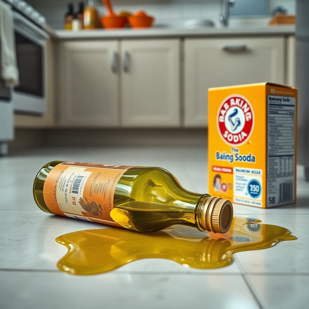 Έπεσε λάδι στο πάτωμα; Αυτή η λύση θα σας σώσει! 2 Μια κουζίνα με λάδι που έχει χυθεί στο πάτωμα και μαγειρική σόδα δίπλα του.