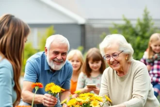 Ευτυχισμένο ζευγάρι ηλικιωμένων που συμμετέχει σε εθελοντική δράση με εγγόνια και παιδιά σε μια κοινότητα.
