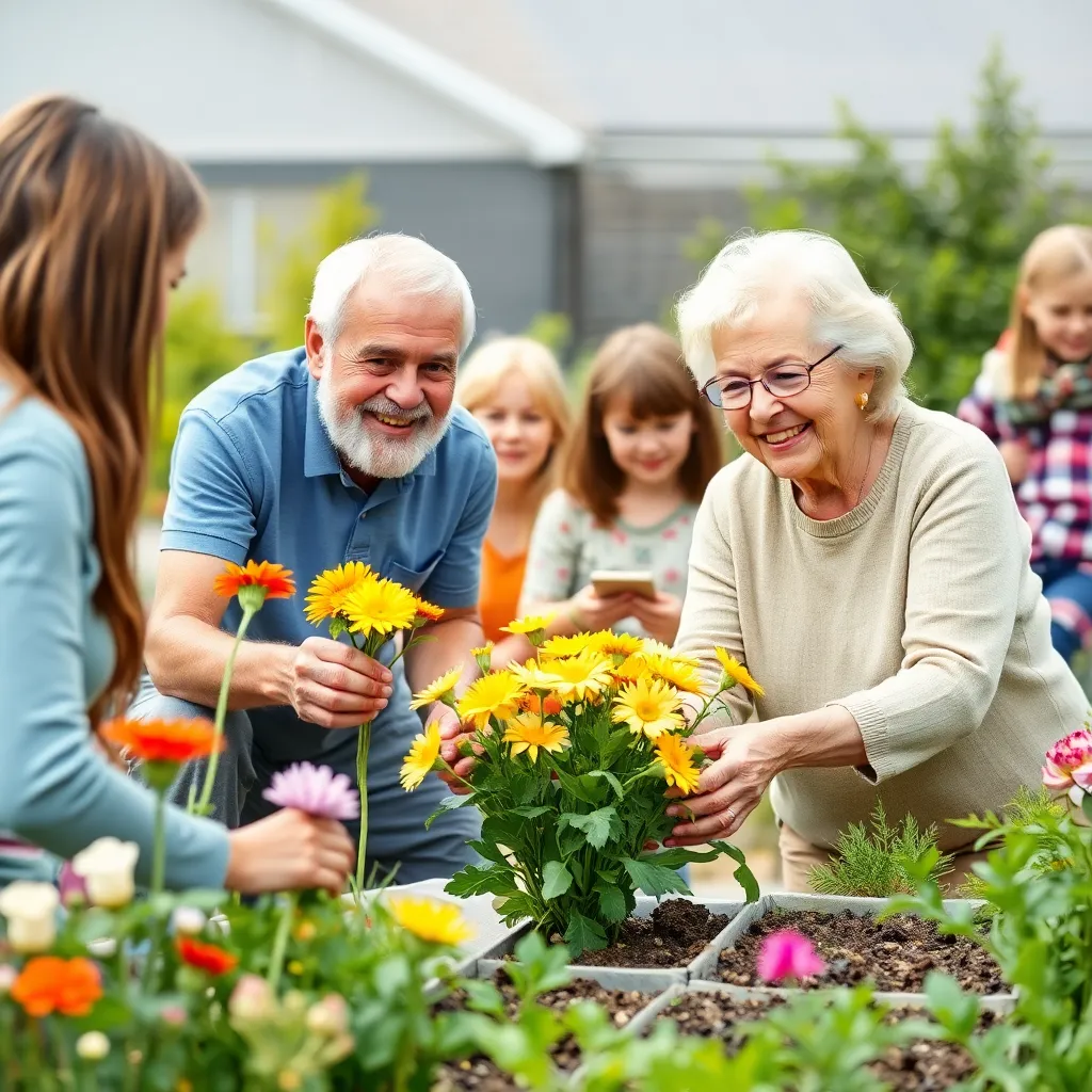 Ευτυχισμένο ζευγάρι ηλικιωμένων που συμμετέχει σε εθελοντική δράση με εγγόνια και παιδιά σε μια κοινότητα.