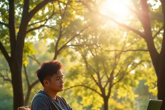 Φωτορεαλιστική εικόνα που απεικονίζει ένα ήρεμο πρωινό τοπίο με έναν άνθρωπο σε κατάσταση συγκέντρωσης στη φύση, συμβολίζοντας την πνευματική διαύγεια και απόδοση.