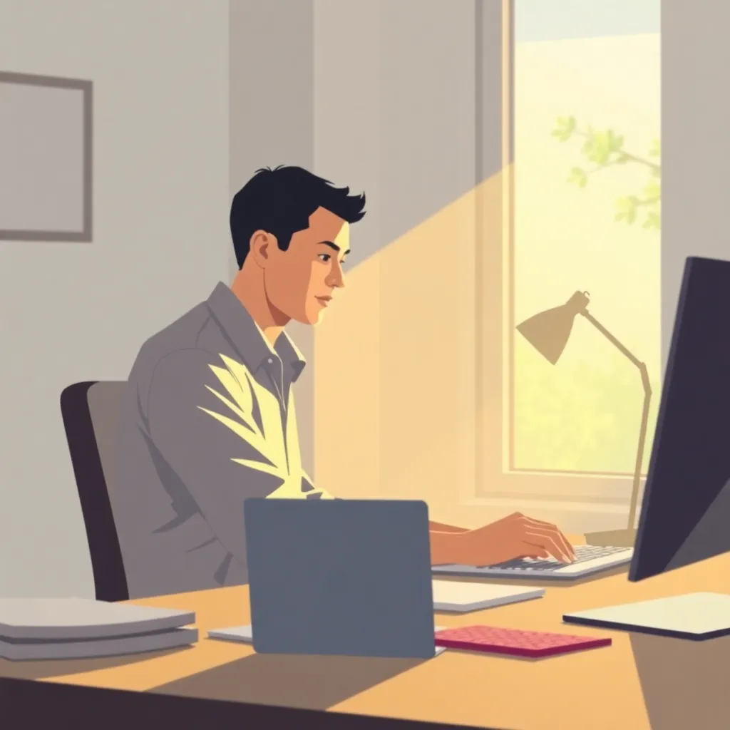 Ένα άτομο δουλεύει σε ένα φωτεινό γραφείο το πρωί, με έντονη συγκέντρωση και ευφυΐα.