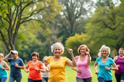 Older adults engaging in various forms of exercise in a vibrant park, including weightlifting, yoga, and jogging, representing the importance of fitness after 50.