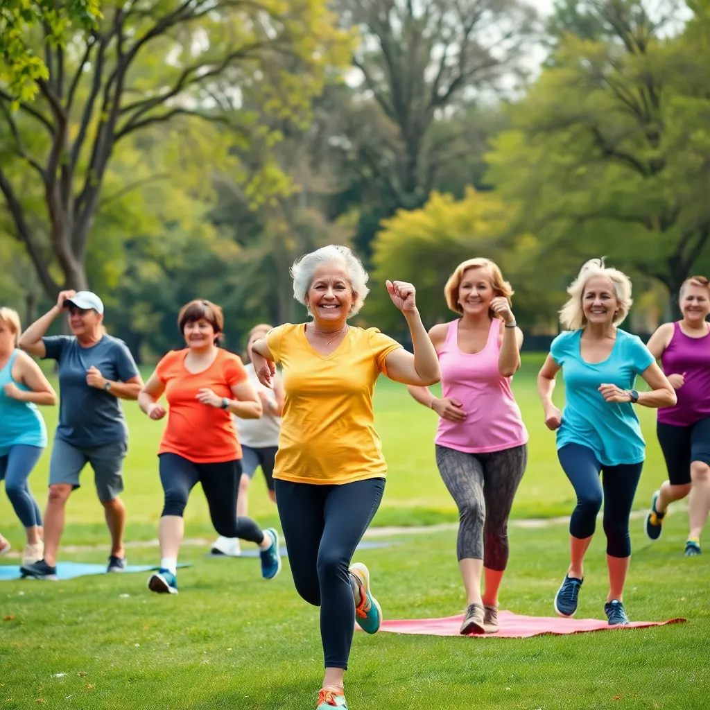 Older adults engaging in various forms of exercise in a vibrant park, including weightlifting, yoga, and jogging, representing the importance of fitness after 50.