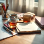 Εικόνα που απεικονίζει ένα γραφείο με χάρτινα σημειωματάρια και στυλό, συμβολίζοντας την ενίσχυση της μνήμης μέσω του χειρόγραφου γράμματος.