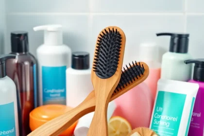 Φωτογραφία μιας βούρτσας μαλλιών με προϊόντα περιποίησης σε καθαρό περιβάλλον.
