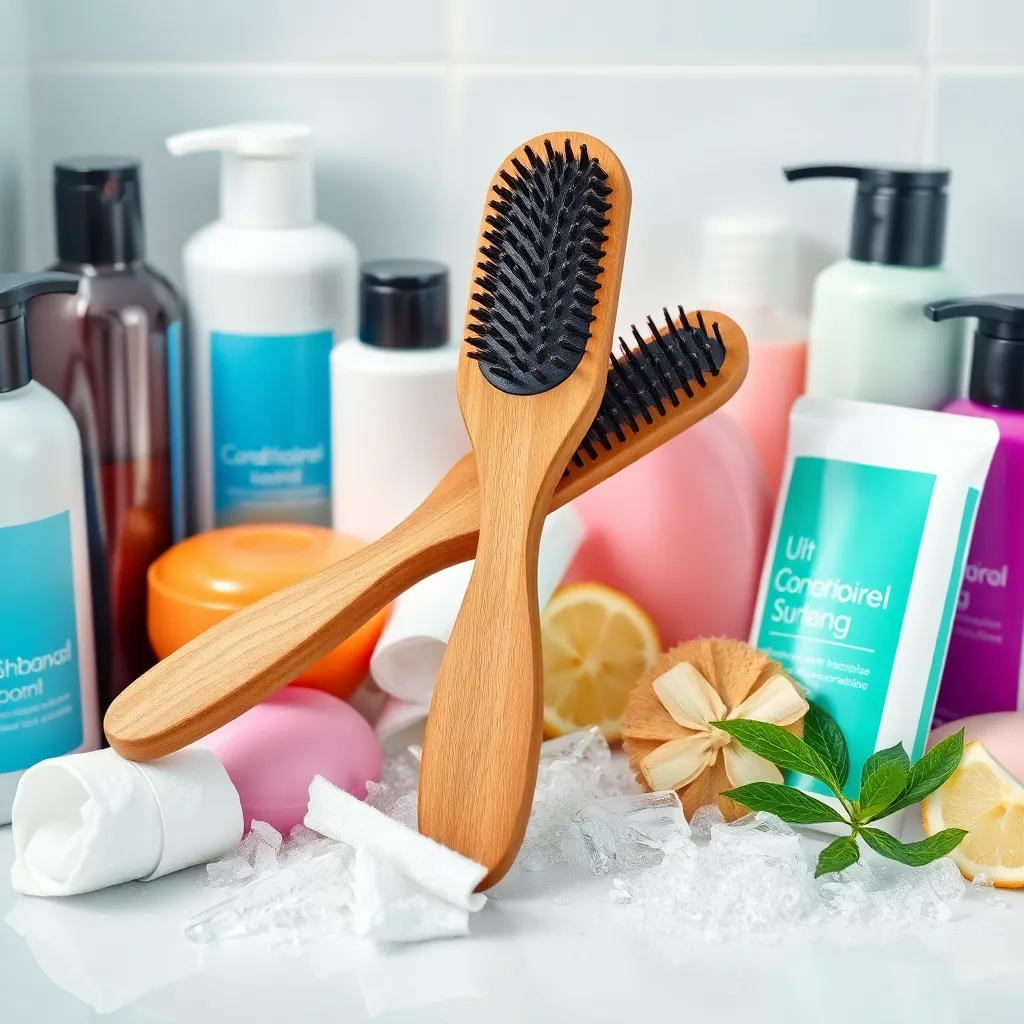 Φωτογραφία μιας βούρτσας μαλλιών με προϊόντα περιποίησης σε καθαρό περιβάλλον.