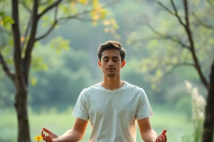 Άτομο που διαλογίζεται σε ήρεμο φυσικό τοπίο, συμβολίζοντας τα οφέλη του διαλογισμού για άτομα με ΔΕΠΥ.