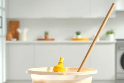 Μια σφουγγαρίστρα που μουλιάζει σε ένα κουβά με διάλυμα ξυδιού και σόδας σε έναν καθαρό και φωτεινό χώρο κουζίνας.