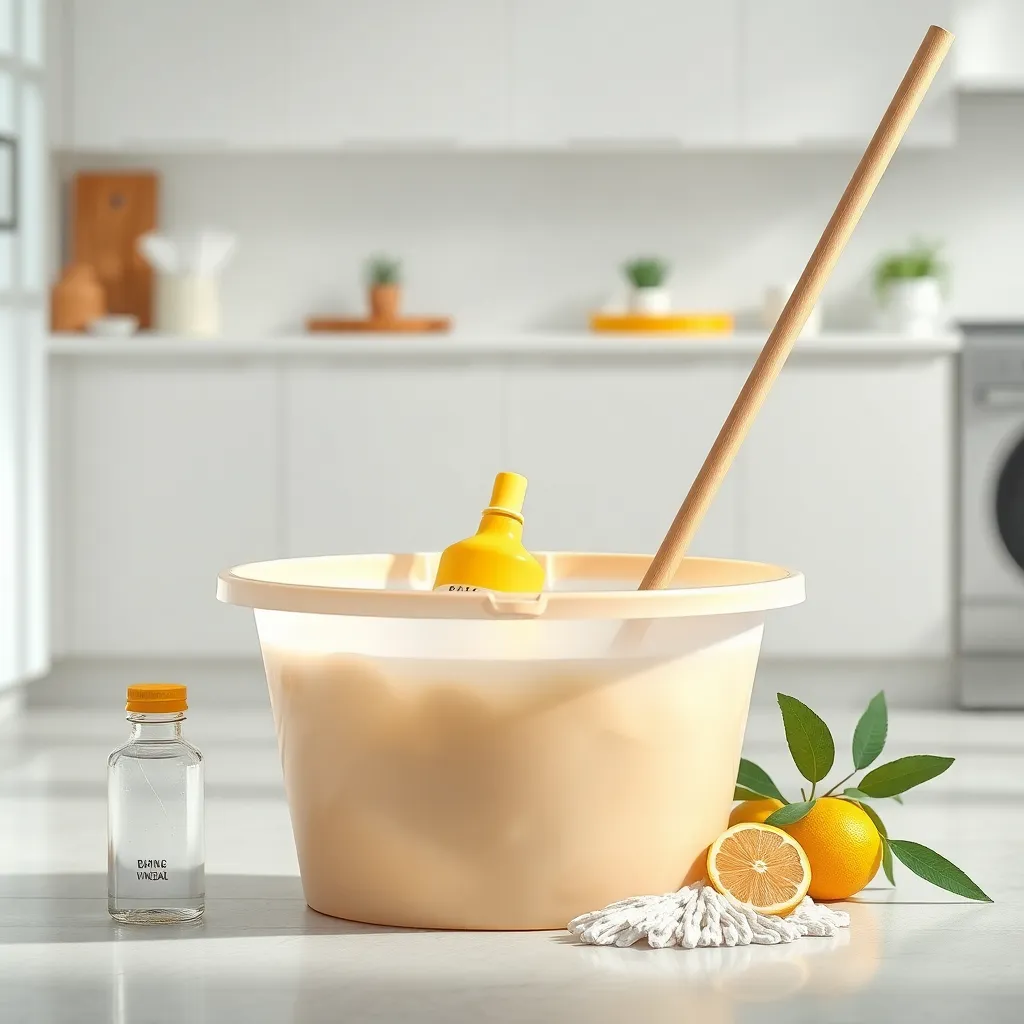 Μια σφουγγαρίστρα που μουλιάζει σε ένα κουβά με διάλυμα ξυδιού και σόδας σε έναν καθαρό και φωτεινό χώρο κουζίνας.