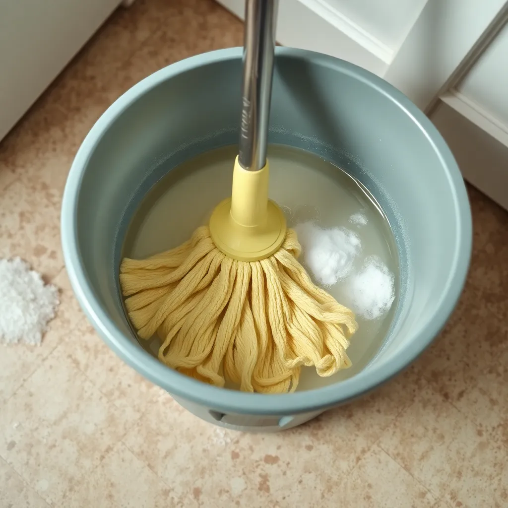 Η σφουγγαρίστρα σου βρωμάει; Το πανεύκολο τρικ που θα σε σώσει 2 Μια σφουγγαρίστρα βυθισμένη σε κουβά με ζεστό νερό και μείγμα λευκού ξυδιού και μαγειρικής σόδας, δείχνοντας τη διαδικασία καθαρισμού.