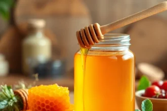 Μέλι σε βάζο με μέλι, γύρω από φρούτα, ξηρούς καρπούς και δημητριακά. Συμβολίζει τα οφέλη του μελιού ως φυσικό superfood.