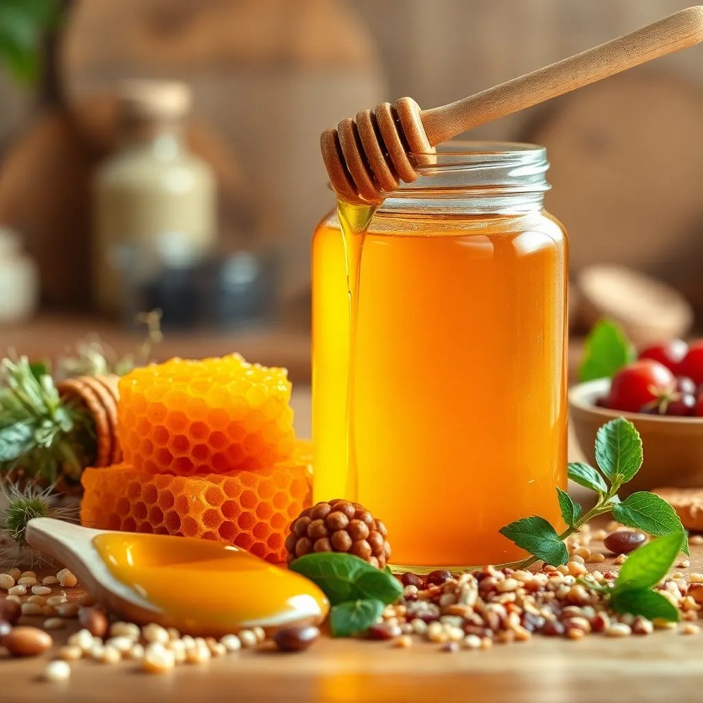 Μέλι σε βάζο με μέλι, γύρω από φρούτα, ξηρούς καρπούς και δημητριακά. Συμβολίζει τα οφέλη του μελιού ως φυσικό superfood.