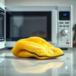 Εικόνα που δείχνει σφουγγάρι κουζίνας σε ένα μαγειρικό περιβάλλον, έτοιμο για απολύμανση στο φούρνο μικροκυμάτων.