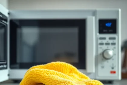 Εικόνα που δείχνει σφουγγάρι κουζίνας σε ένα μαγειρικό περιβάλλον, έτοιμο για απολύμανση στο φούρνο μικροκυμάτων.