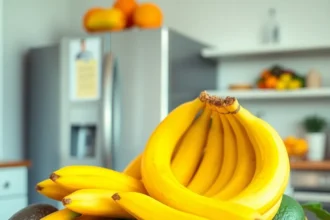 Φρέσκα φρούτα όπως μπανάνες, αβοκάντο και μήλα σε μια φωτεινή κουζίνα με στοιχεία αποθήκευσης, προβάλλοντας επιστημονικούς τρόπους για να αποφευχθεί το μαυρισμα τους.